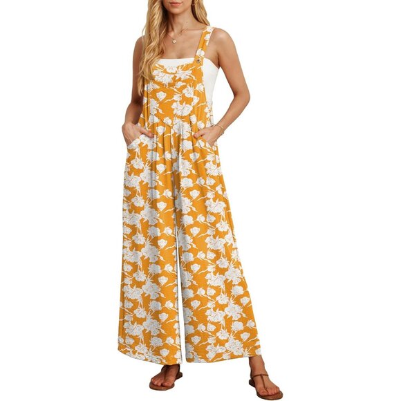 Pants - Women's Jumpsuits Boho Wide Leg Rompers with Pockets - Yellow Peony